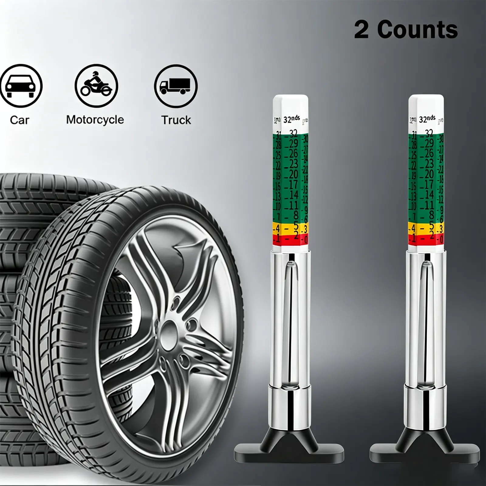 2-Count 25mm Car Tire Tread Depth Gauge Color Coded, Universal Car Tire Tread Depth MeterReads in MM and 32nds, Quickly Identifies Tread on Tires