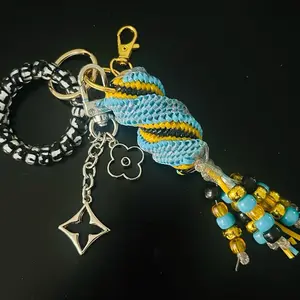 Luxury Turquoise, Black and Yellow Boondoggle Keychain Bag Charm with Wrist Coil - Stylish, Handmade, Fun, Personalized Charm, Fashion Accessories Keychain, Stylish Keychain, Handmade Keychain