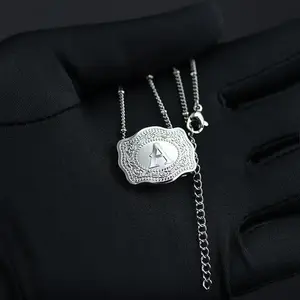 Initial Letter Pendant Necklace withEmbossed Belt Buckle,2 Chains Included,Rhodium-Plated,Tarnish-Resistant,18" ExtenderLength