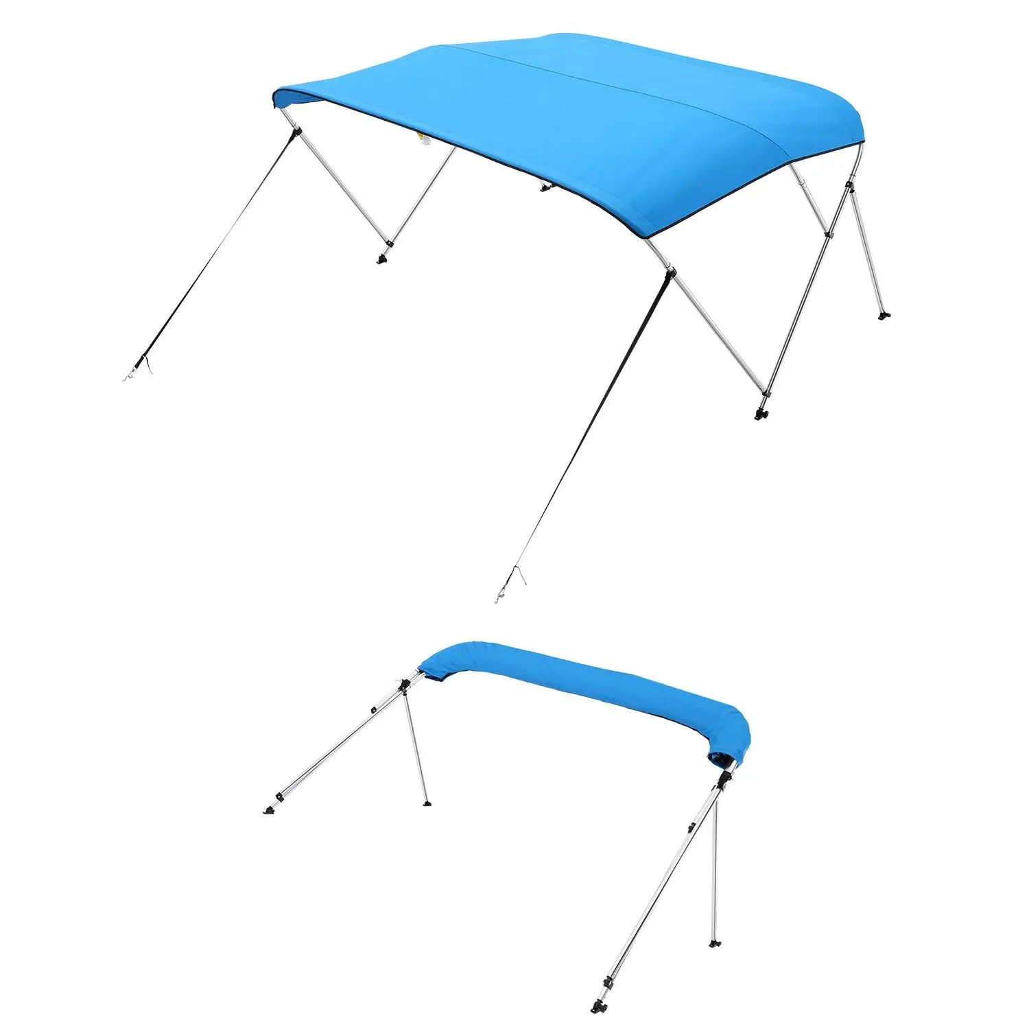 Pacific Blue 3-Bow Boat Bimini Top, 600D Polyester Waterproof Sun Shade Canopy with Aluminum Alloy Frame, 2 Support Poles, 4 Straps & Storage Bag, 72"Lx(73"-78")Wx46"H Outdoor Shade Canopy