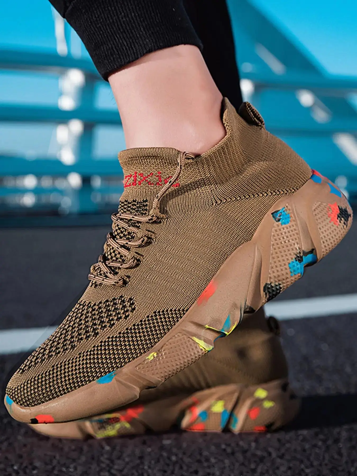 Men's Sporty Letter Print Lace Up Athletic Sneakers, Designer Shoes, Knitted Running Shoes, Sporty Athletic Training Trainer for All Seasons Footwear