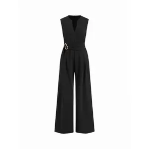 Cider V-neck Metal Detail Zipper Wide Leg Jumpsuit