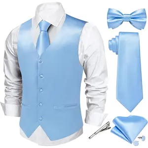 DiBanGu Men's Suit Vest and Tie Set 6PCS Solid Satin V-Neck Formal Vest Waistcoat with Bow Tie for Party Wedding Tuxedo