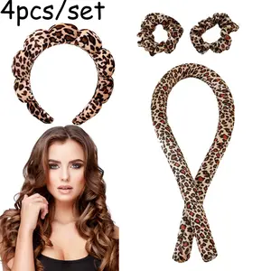 4-piece leopard print heatless curling hair stick with hair band set, foam sleep curling hair stick with hair band, leopard print cloud sponge hair band, DIY hairstyle design tool soft head band curler, applicable to all hair types, without heating