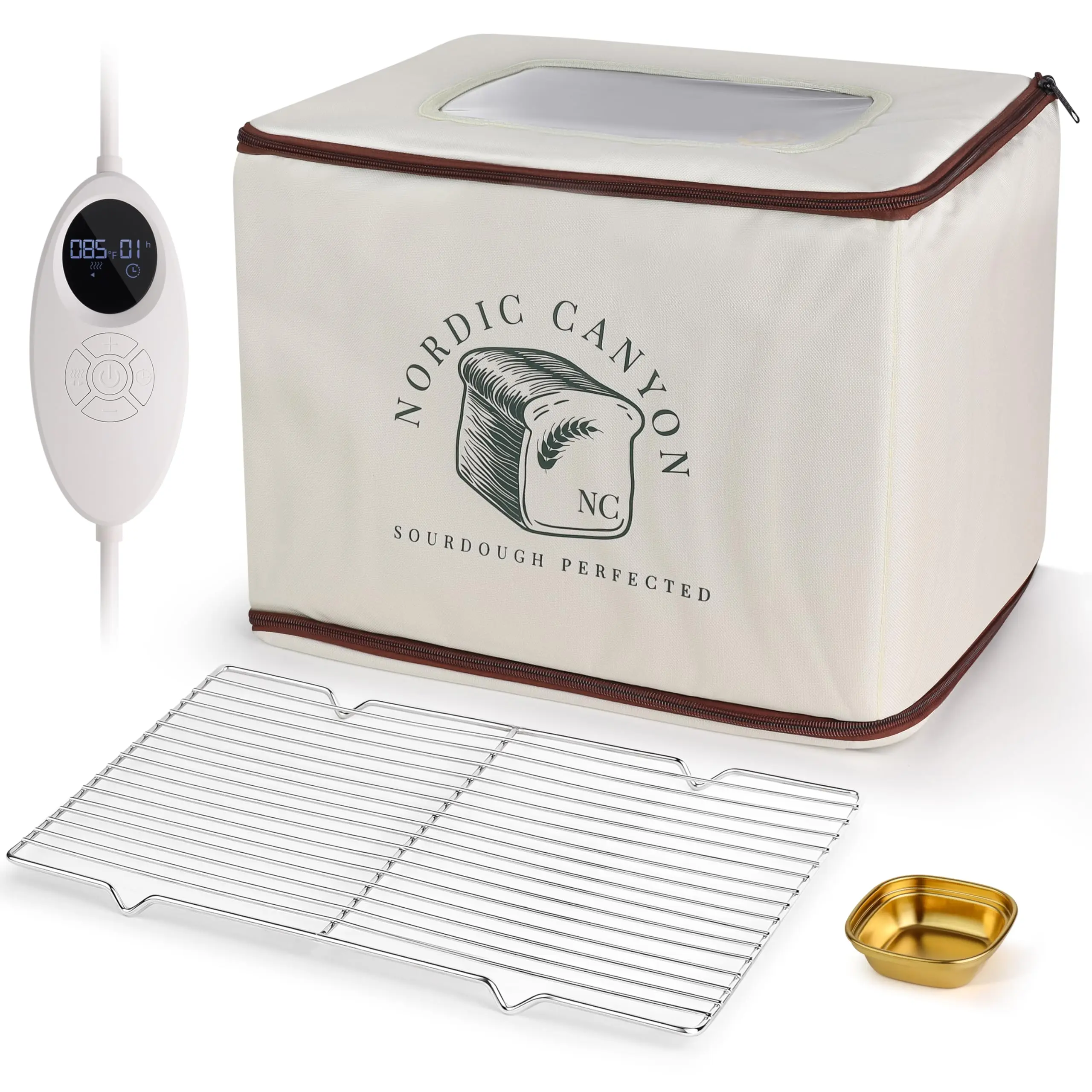 Nordic Canyon Sourdough Proofing Box – Collapsible Countertop Dough Proofing Box & Bread Proofer with 68–120 °F Temperature Control, Integrated Humidity Monitor & Water Dish for Artisan Bread (Biege)