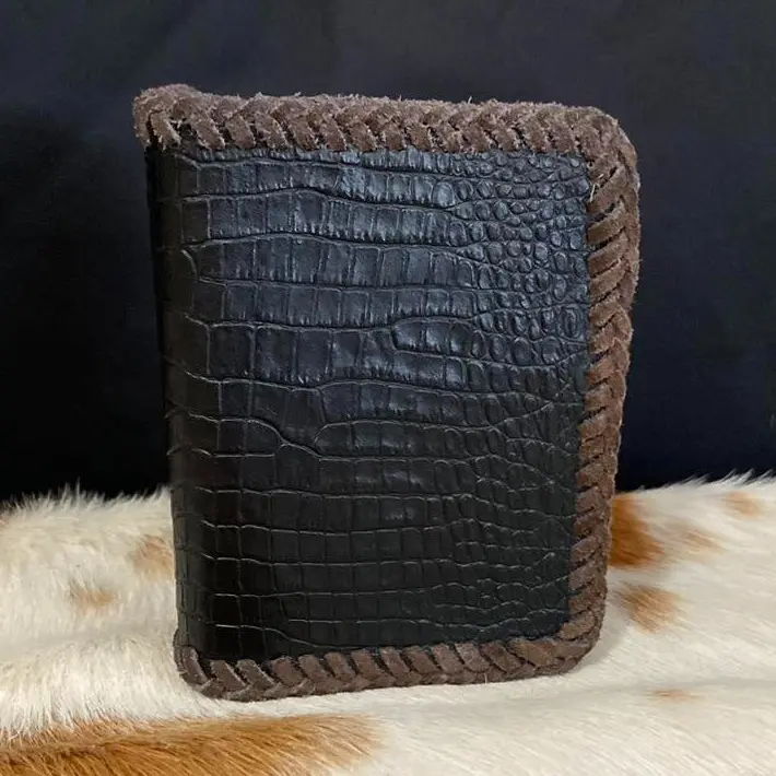 Crocodile Bifold wallet with brown lace trim