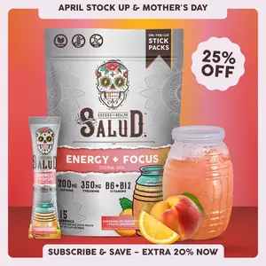 Salud 2-in-1 [Energy + Focus – Peach Lemonade] Clean Energy Drink Mix, Agua Fresca,  Organic Caffeine, B6 & B12, L-Theanine, Drink Packets, Non-GMO, Gluten Free, Vegan, Low Calorie, 1g Sugar (15 Servings)