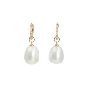 Pearl and Diamond Drop Earrings - 14k Yellow Gold - 0.06ctw