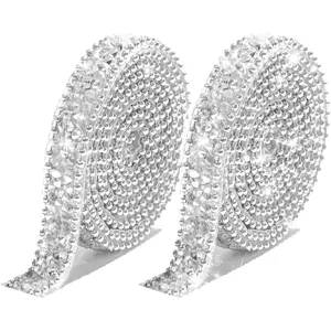 2 Pack 1cm/0.39in Self Adhesive  Tape, 1 Yard Each Rhinestone Ribbon Wrap Roll Stickers Bling Rhinestones Strand Strips Trim for DIY Craft Wedding Birthday Party Decor ( AB Color)