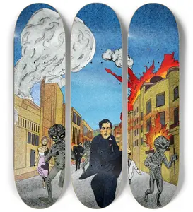 War of the Worlds Aliens Attack Skateboard Deck Wall Art Set (3-Piece) | Retro UFO Farm Scene | Lowbrow Street Art Decor
