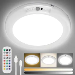 New rechargeable LED ceiling lamp with human body sensing function, 3 lighting modes, battery-powered remote control dimming and timing sensor shower lamp, suitable for living room, kitchen, bathroom, corridor, and porch