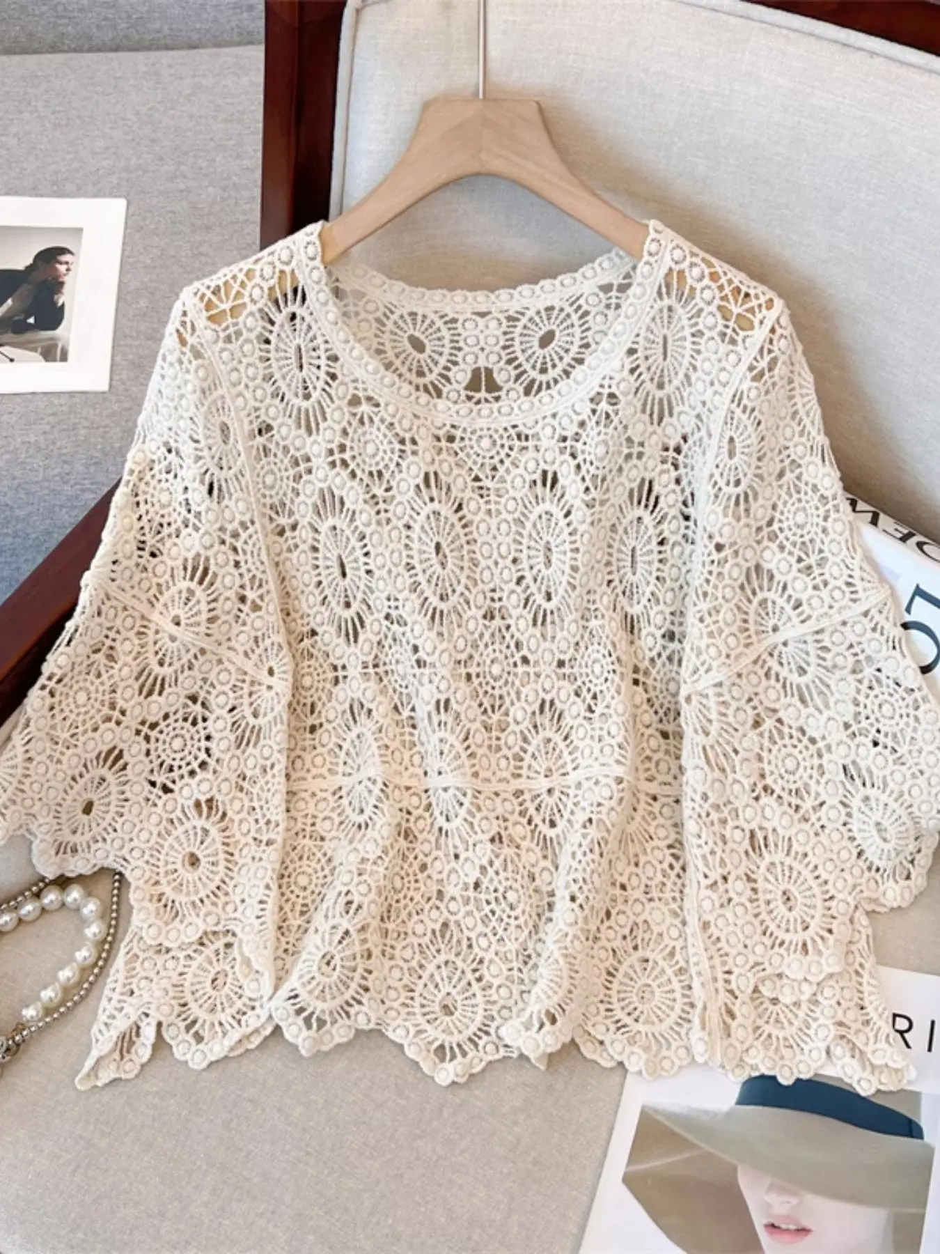 Women's Cover Up Top, Boho Casual Round Neck Cover Up Top for Beach Vacation Holiday, Ladies Summer Clothes, Womenswear, Beach Cover Ups, Beach Coverups