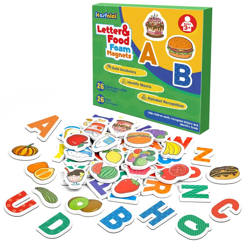 Magnetic Letters and Foods,52 Objects,Refrigerator Fridge Magnets,ABC Magnets,Alphabet Learning Toys,Letter Matching Games,Magnets sets,for Whiteboard
