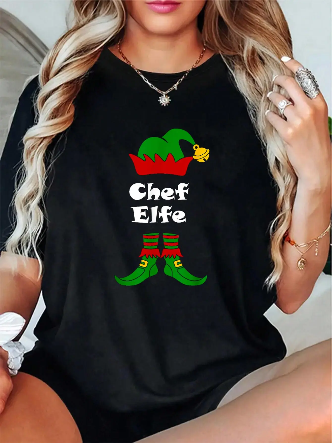 Women's 100% Cotton Loose-Fitting Casual Elf Chef Digital Print T-Shirt - Short Sleeve, Round Neck, Soft Breathable Streetwear Top for Holiday, Party Outfits, Check Size Chart, Soft Cotton