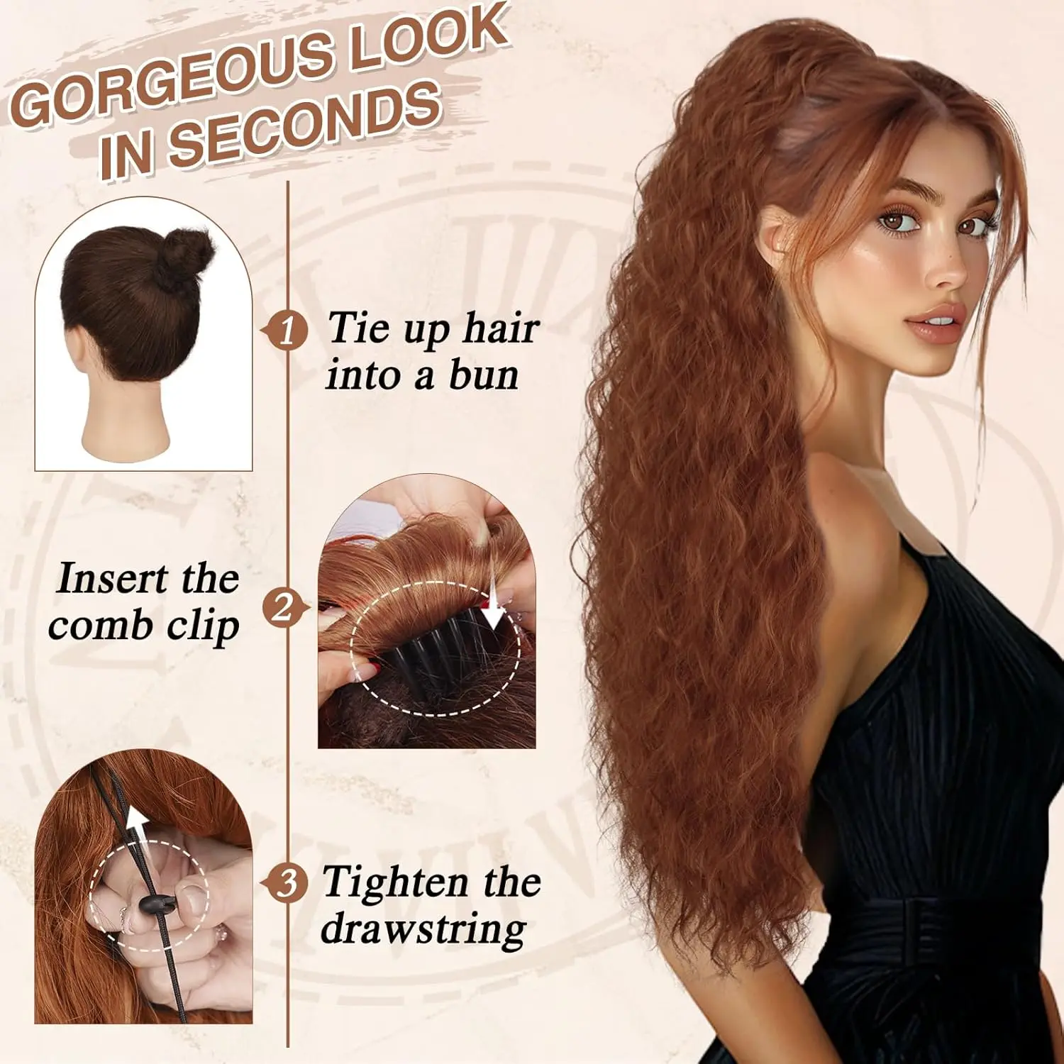 30 Inch Auburn Long Curly Drawstring Ponytail Extension 