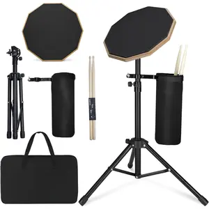12 Inch Practice Drum Pad with Stand and Sticks, Beginner Snare Drum Pad with Drumsticks and Carrying Bag, Double Sided Silent Drum Pad (Black)
