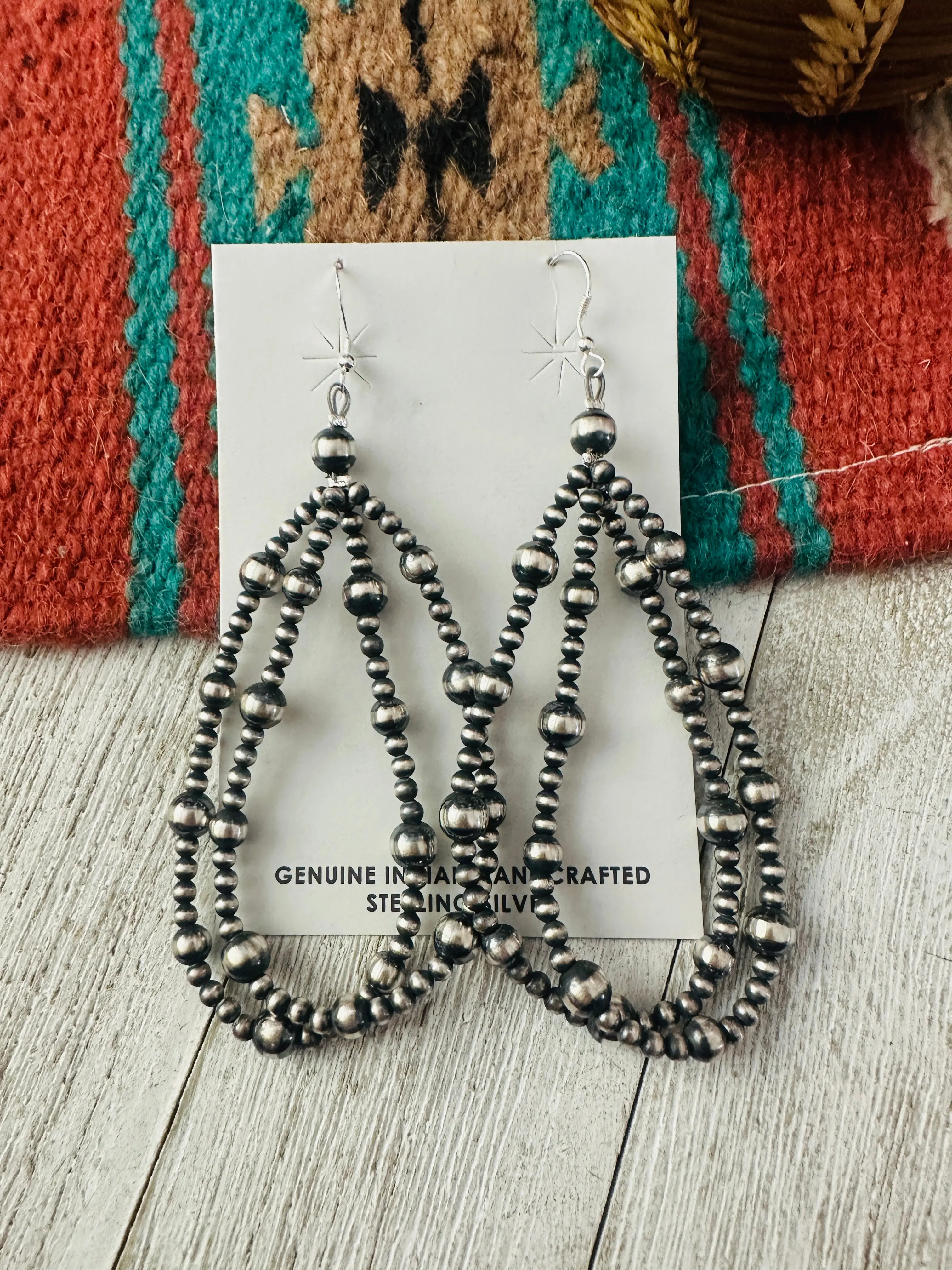 Sterling Silver Pearl Double Strand Beaded Hoop Earrings