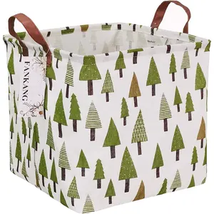 Square Nursery Hamper Storage Bins Canvas Laundry Basket Foldable with Waterproof PE Coating Large Storage Baskets Gift Baskets for Children Office Bedroom ClothesToys (SquareGreen forest)
