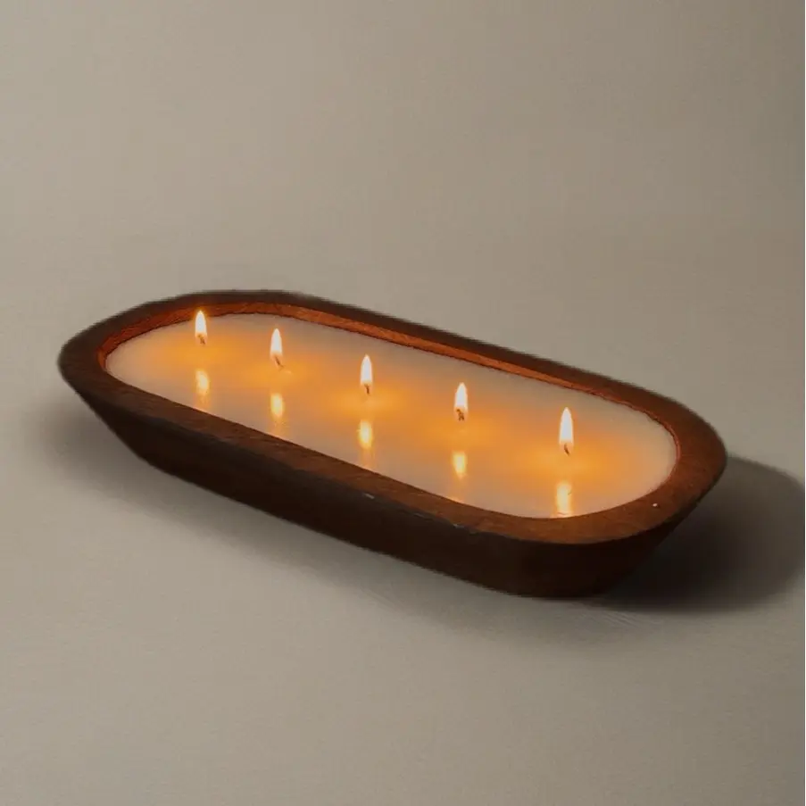 Farmhouse Brown Rustic Wooden Dough Bowl Candles for Table 4 Wicks Decor Centerpiece Cozy Decorative