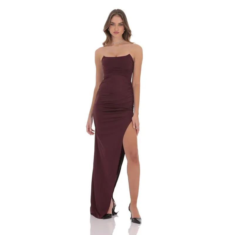 Corset Strapless Maxi Dress in Wine