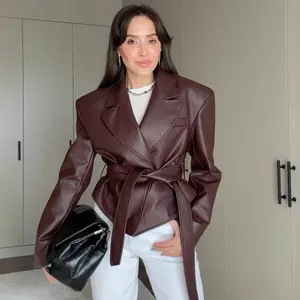 Viral TikTok Leather Jacket!Women's Edgy Biker Jacket with Tie Detail| Trendy Cross-Border Outerwear, Autumn Winter Fashion, Chic & Cool Motocross Style