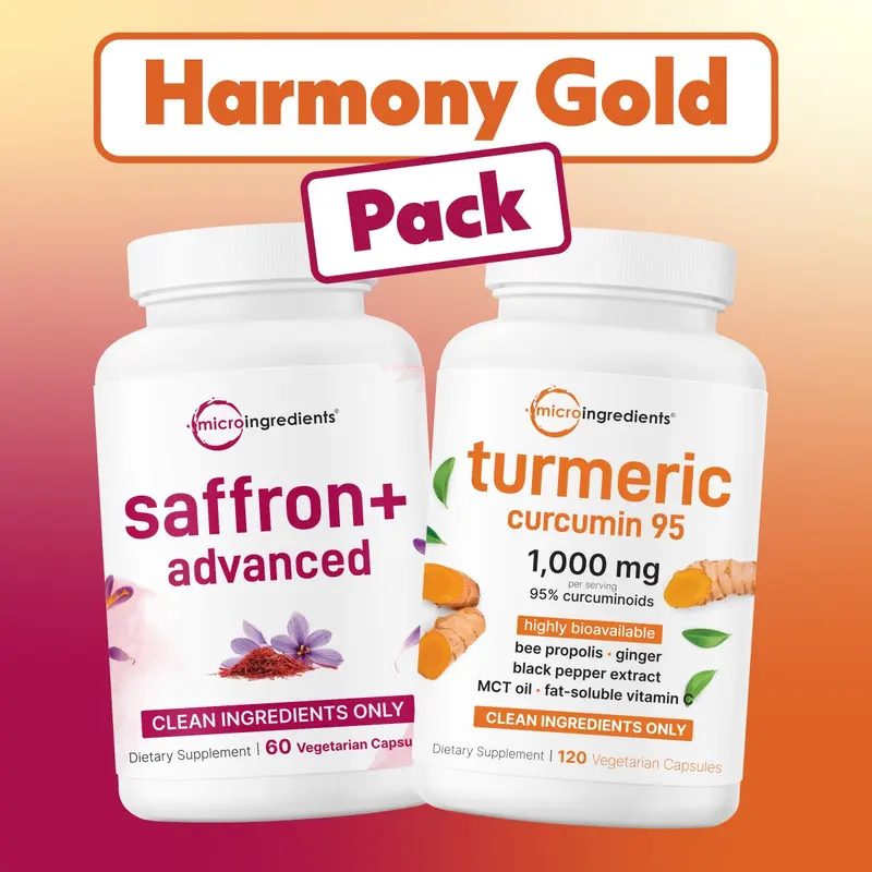 Micro Ingredients Harmony Gold Pack: Turmeric Curcumin 1000mg 120 Vegetarian Capsules & Saffron+ Advanced Supplements 60 Vegetarian Capsules
