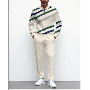 Business casual fashion men's digital printed sportswear set, featuring a street-style patterned digital half-zip sweater + pants, a two-piece men's outfit