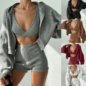 Hot Girl's Sporty Casual Zipper Hoodie Set for Women, New Autumn Cross-Border Comfortable Short Top Three-Piece Set