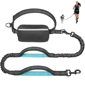 Hands Free Dog Waist Leash, No Tangle Leash with Zipper Pouch, Dual Padded Handles, Adjustable Belt, Durable Bungee, Reflective Bungee for Walking, Jogging, Running, Hiking