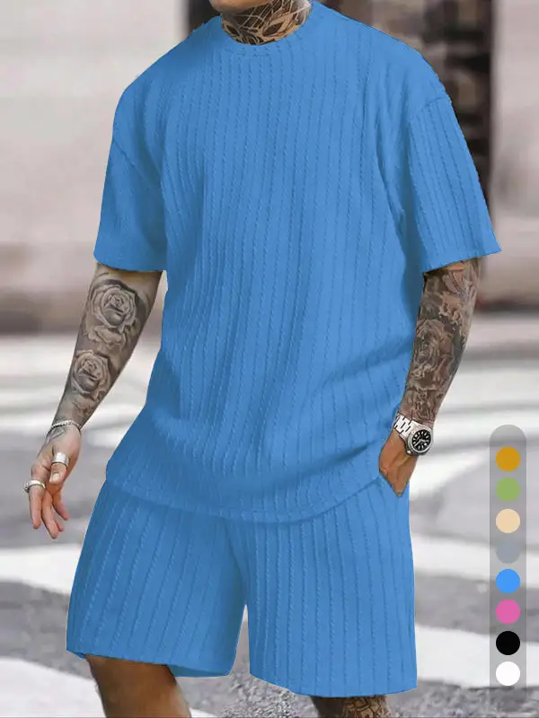 KZZ vacation outfits Two-Piece Set Men's Solid Textured Drop Shoulder Short Sleeve Tee & Drawstring Waist Shorts Set, Spring & Summer Clothes, Loose C