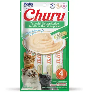 Inaba Churu Tuna with Chicken Puree Grain-Free Lickable Treat for Cats, 0.5-oz x 4-tubes