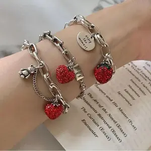 Silver Thick Chain Bracelet with Sparkling Strawberry Zircon Charm, Trendy Women Fashion Party Jewelry, Stylish Daily Wear & Ideal Gift Accessory