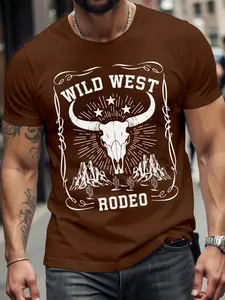Manfinity RelaxMax Wild West Cowboy Bull Skull Graphic Knit Regular Fit Brown Menswear T-Shirt For Men