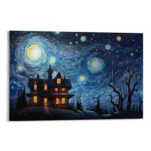Halloween Haunted House Wall Decor Canva Print - Spooky Wall Art And Pictures Canvas Poster Bedroom Decor Sports Landscape Office Room Decor Gift Frames Frame-Style