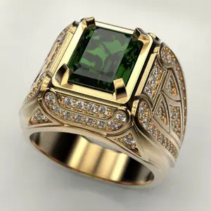 1PCS Men's Luxury Golden Rings Creative Inlaid with Shiny Green Synthetic Zircon Male Jewelry Holiday Gift  for Friend Husband Wide Ring