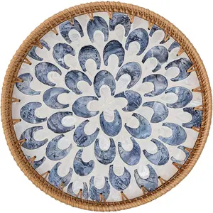 Round Rattan Tray for Home Decor 11.8 inch, Modern and Boho Decor Serving Tray with Mother of Pearl Inlay, Wicker Basket for Coffee Table, Hand Woven Decorative Tray Plates