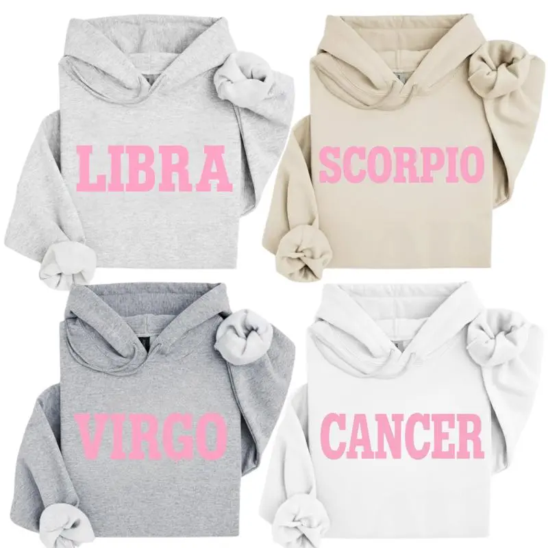 Full 12 Zodiac Hoodie, Pastel Pink Astrology Letter Pullover for Women, Cozy Horoscope Fleece Hoodie, Celestial Star Sign Graphic Top, Cute Birthday Gift for Zodiac and Astrology Lovers - AL