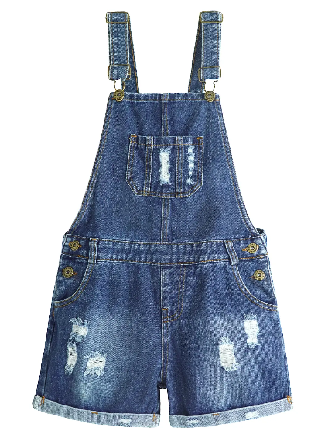 Kidscool Space Girls' Vintage Wash High Thigh Denim Shortalls, Loose Fit Distressed Look Everyday Jean Dungarees with Buttons, 5-14T, Washed