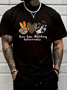 100% Cotton Peace Love Phlebotomy Syringe Leopard Phlebotomist Life T-Shirt Women's Men's Graphic Tee Crew Neck summer vacation Tops