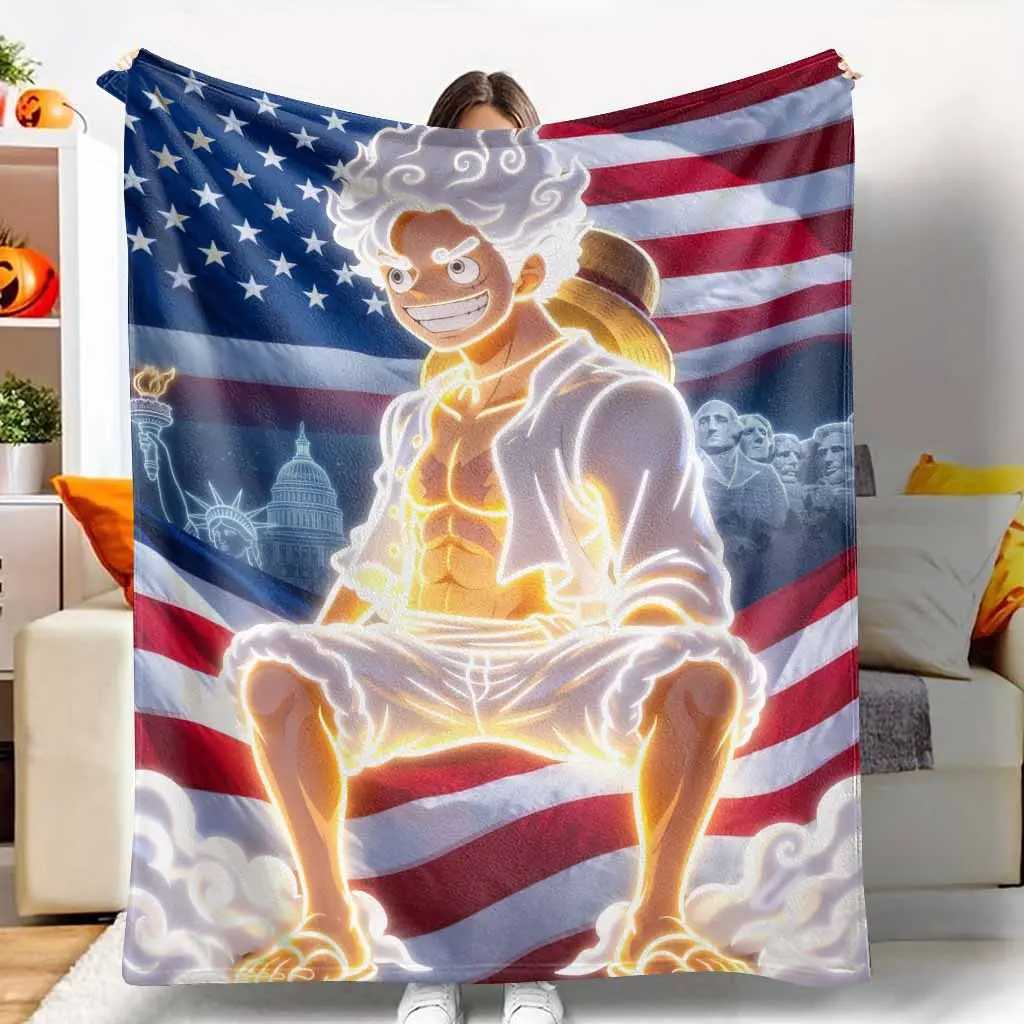 Anime Character Glow Flannel Blanket - USA Flag & Statue Of Liberty Print, Fading-Proof Flannel Cloth, Soft Lightweight Plush Throw, Cozy Breathable Warmth for Living Room Decor, Bedding Gift