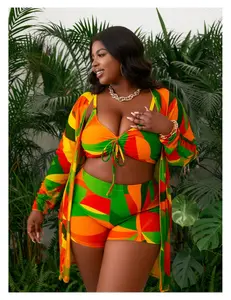 Plus Size Swimsuit 3 Piece - Women's Colorful Beach Outfit with Shorts & Cover-Up - Bathing Suit Set for Summer, Vacation, Pool - Polyester Spandex Blend