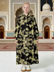Girls' Gold Floral Hooded Abaya, Muslim Children Long Casual Dress, Modest, Stylish and Comfortable, Perfect for Daily Wear