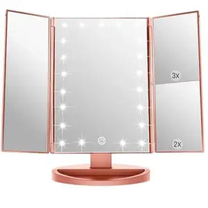 3 Folds Lighted Vanity Makeup Mirror,1X/2X/3X Magnification, 21 LED Light Bright Table Mirror with Touch Screen,180 Adjustable Rotation,Portable Travel Cosmetic Mirror