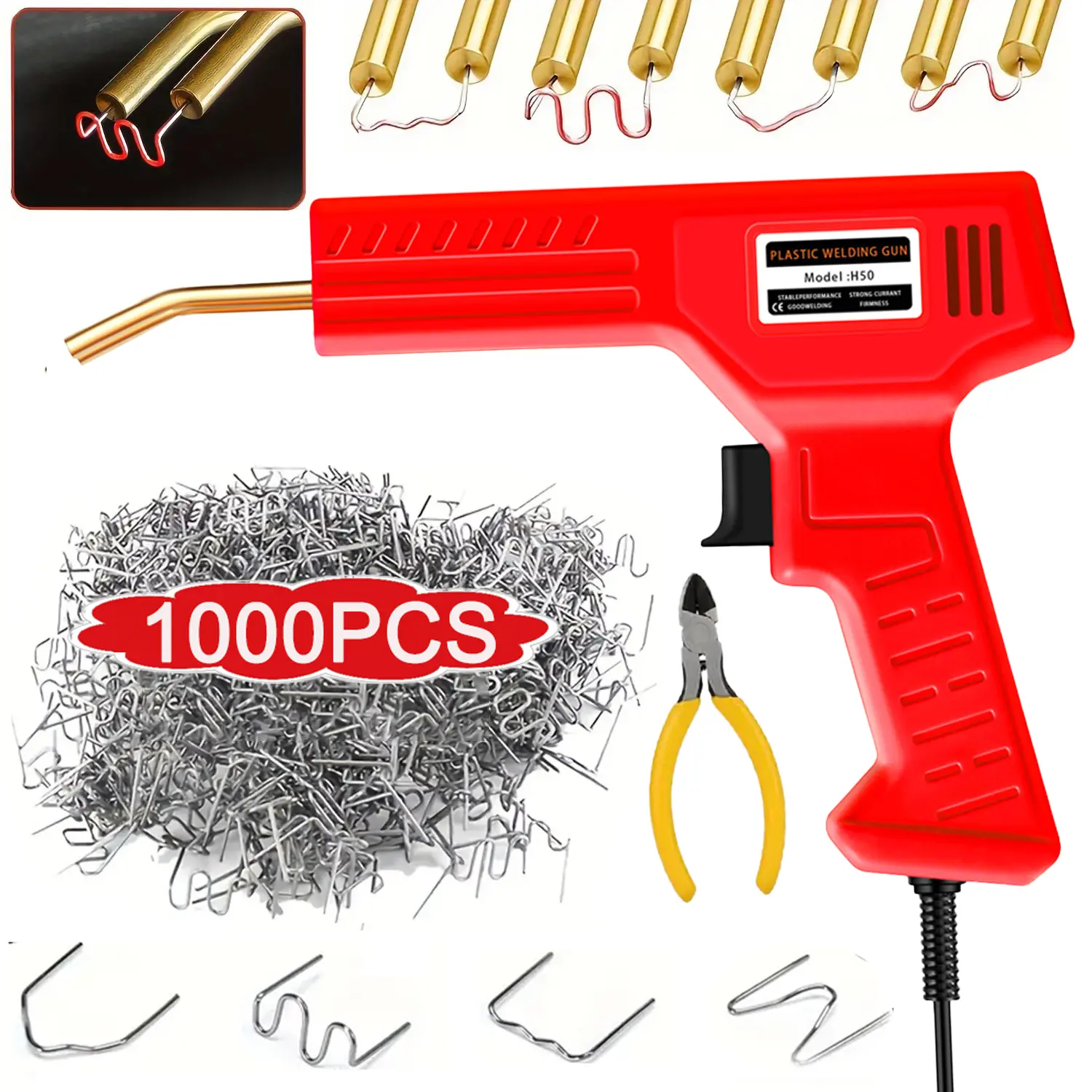 Automotive plastic welding repair tool, handheld plastic welding machine set with 1000 staples and pliers, welding repair tool for bumper and dashboard repair, suitable for plastic welding machine repair kit for cars and homes
