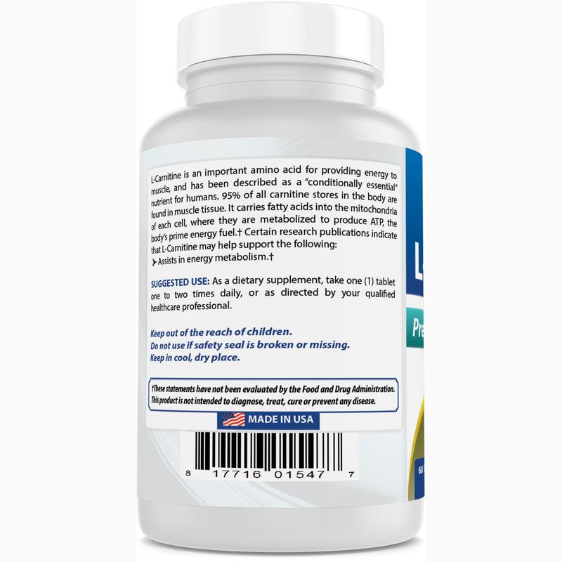 Best Naturals L-Carnitine 1000 mg 60 Tablets - Pure Tartrate Form for Cellular Energy & Fitness Support - GMP Certified Dietary Supplement
