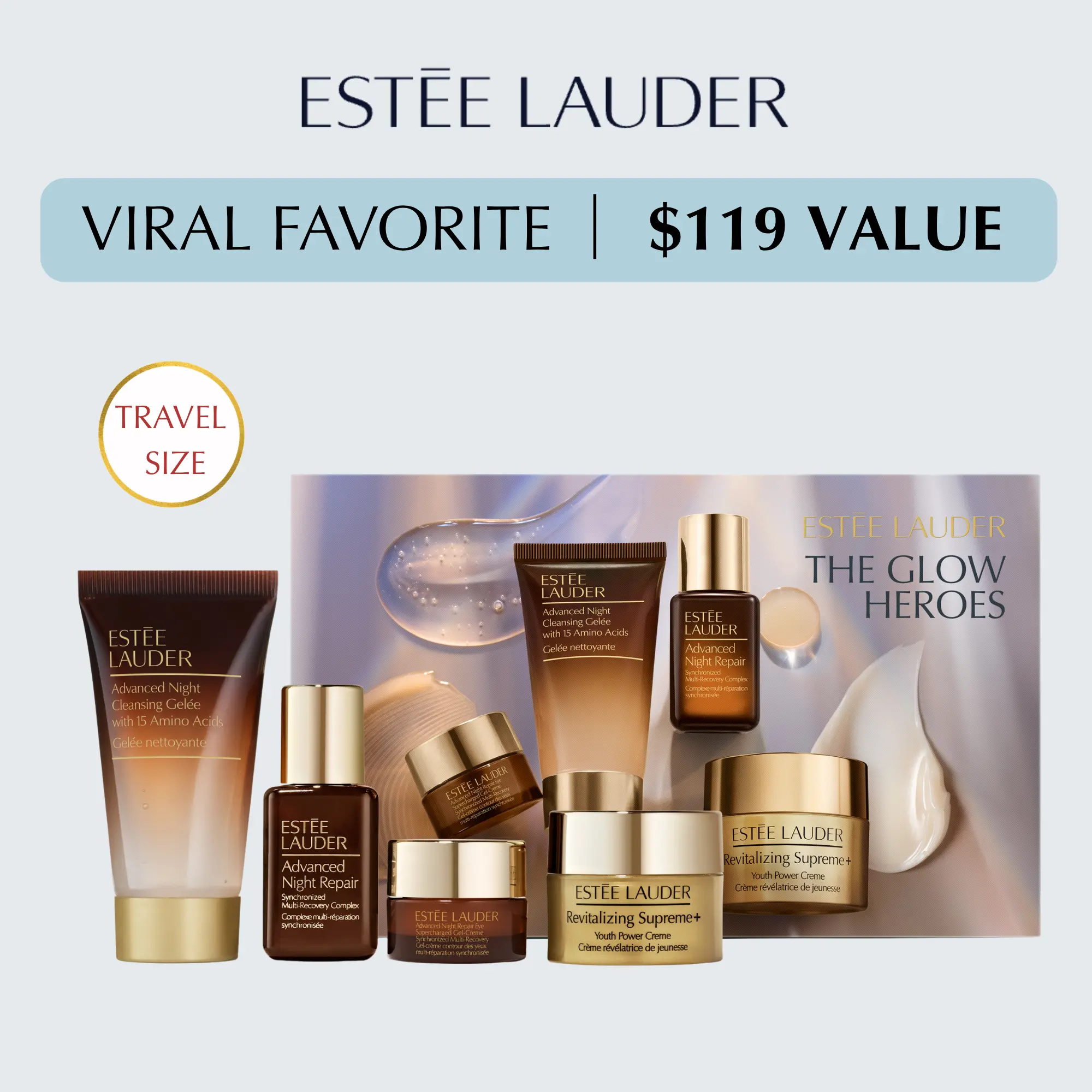 [Estée Lauder] Nia Long Viral Travel Set | The Glow Heroes Skincare Holiday Gift Set | Deep Cleansing | Anti-Aging | Hydrating | Firming & Lifting
