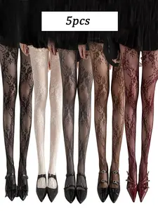 【Plus size】Women's High Elasticity Lace Hollow Out Floral Pattern Stockings, Thin Breathable Lightweight Anti-Pull Fishnet Socks, Wine, Women Pantyhose