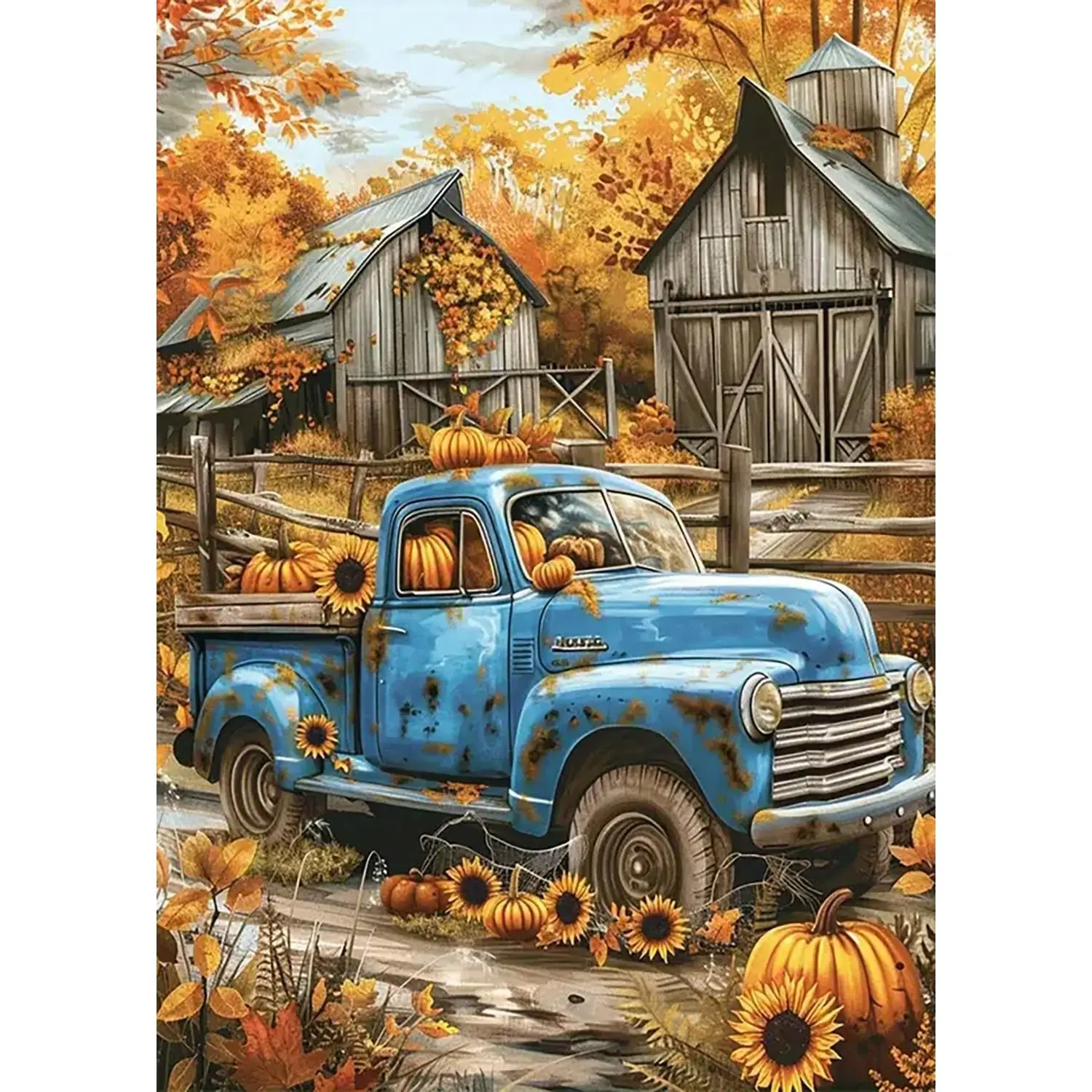 5D Diamond Painting Kit Vintage Blue Rustic Pickup Truck Pumpkins Sunflowers Weathered Wooden Barn Autumn Fall Country Farm Cottagecore Crystal Rhinestone Wall Decor Gift