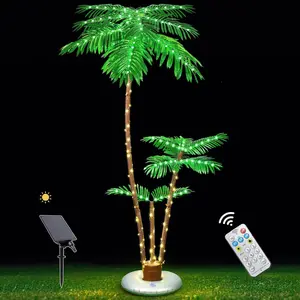 6FT Triple Trunk Solar Powered Artificial Lighted Palm Tree, IP65 Waterproof 8-Mode LED Fake Tree with Remote & Timer for Outdoor Patio, Tiki Bar Decor (Home Supplies, Home Decor)
