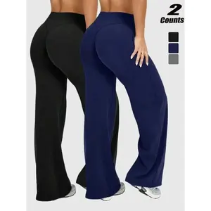 Women's High Waist Wide Leg Yoga Pants, Peach Butt Long Straight Leg Workout Pilates Fitness Quick-Dry Gym Wear, Polyester + Elastane(gift)